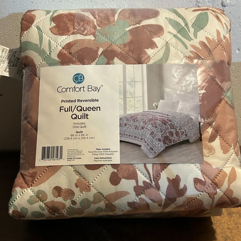Reversible Full/Queen Printed Quilt 86"x 86" Floral Washable - New - Comfort Bay